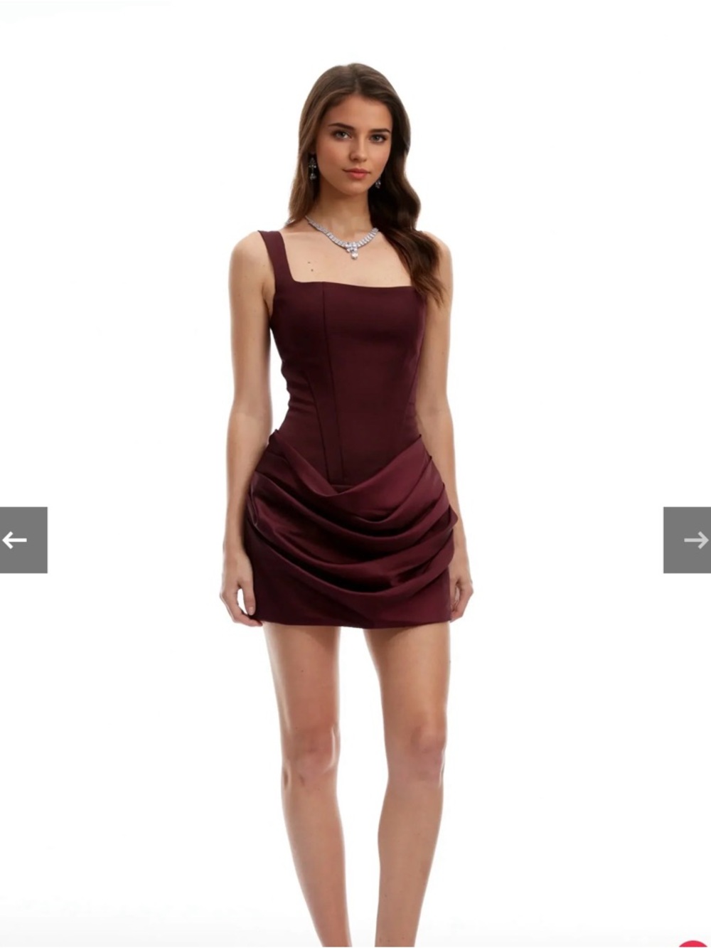 Square-Neck Burgundy Corset Mini Dress with Draped Skirt